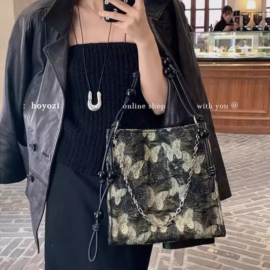 Bolso tote con bordado de mariposa dorada, bolso tote con cadena y cuentas, bolso bandolera para mujer, bolso hobo de gran capacidad 