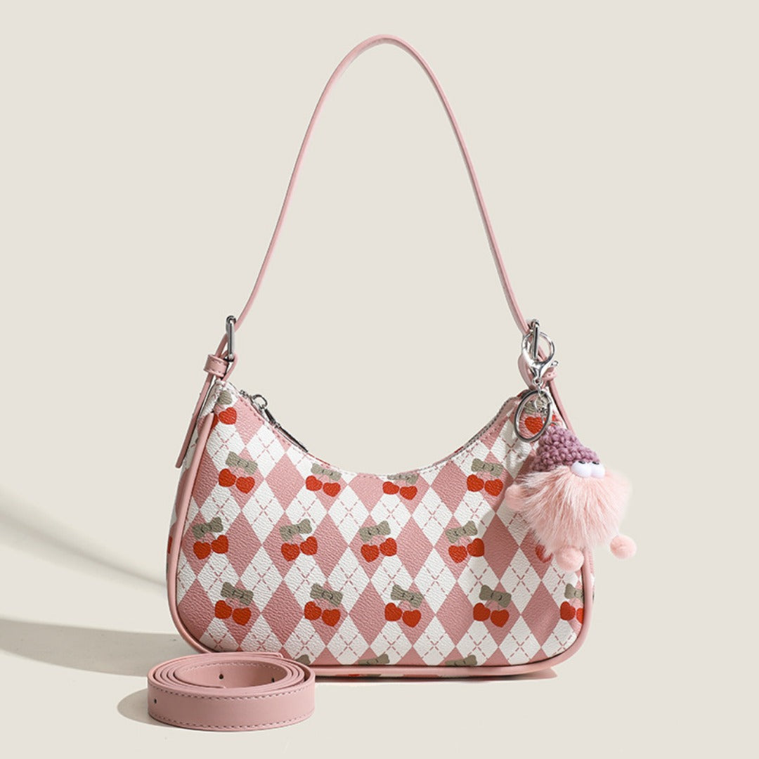 Bolso pequeño y versátil para llevar debajo del brazo, bolso de hombro con bonito estampado de cerezas, bolso de asa superior, bolso hobo en forma de media luna 