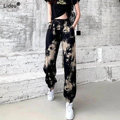 Women's Clothing Printing Loose Elastic Waist Lacing Comfortable Spring Summer Thin Straight Pockets Casual Harem Pants