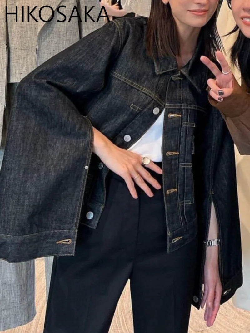 Spring New Vintage Casual Jeans Jacket Women Turn-down Collar Loose Sleeve Fashion Denim Coat Japanese All-match Outwears