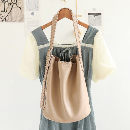 Bolso tipo cubo elegante con correa de hombro tejida para mujer - Textura versátil, suave PU, estilo retro informal 