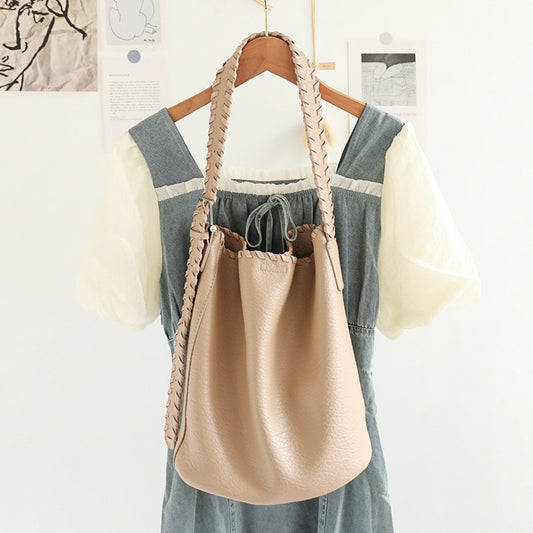 Bolso tipo cubo elegante con correa de hombro tejida para mujer - Textura versátil, suave PU, estilo retro informal 