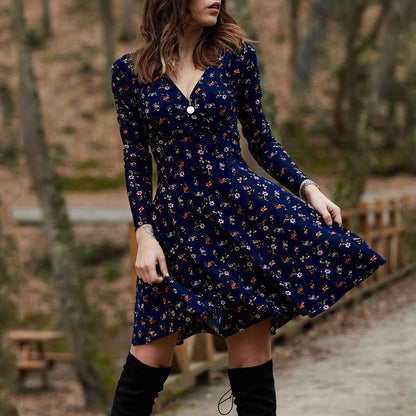 Retro Floral Print V-Neck Long Sleeve Dress
