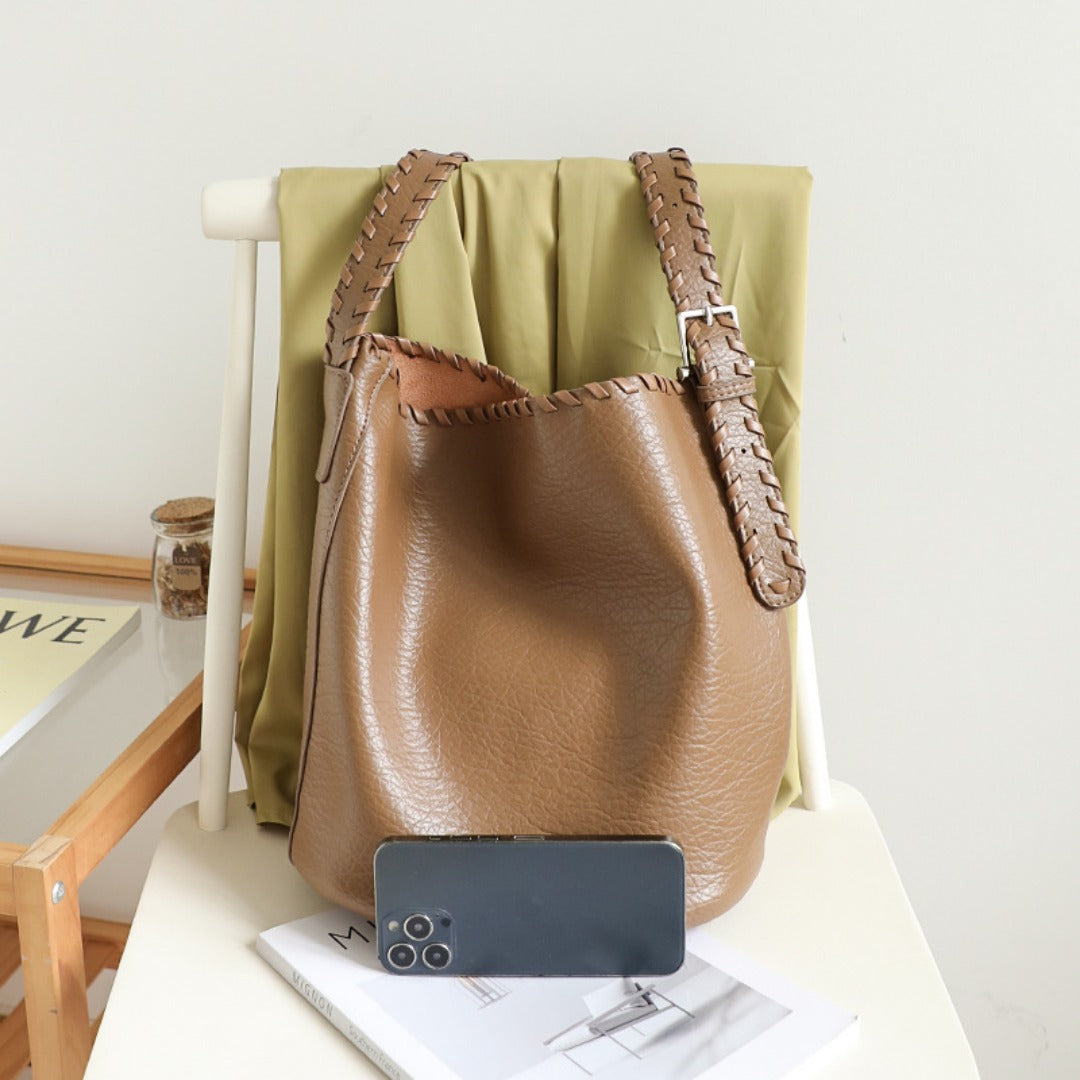 Bolso tipo cubo elegante con correa de hombro tejida para mujer - Textura versátil, suave PU, estilo retro informal 