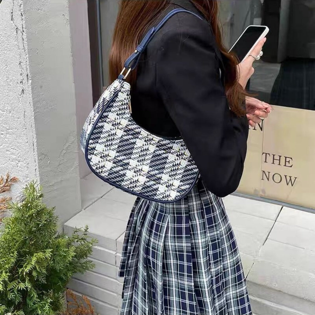 Bolso de verano de diseñador para mujer, bolso hobo pequeño de cuadros, moderno y versátil, bolso de hombro pequeño con forma de media luna, bolso bandolera pequeño para mujer 