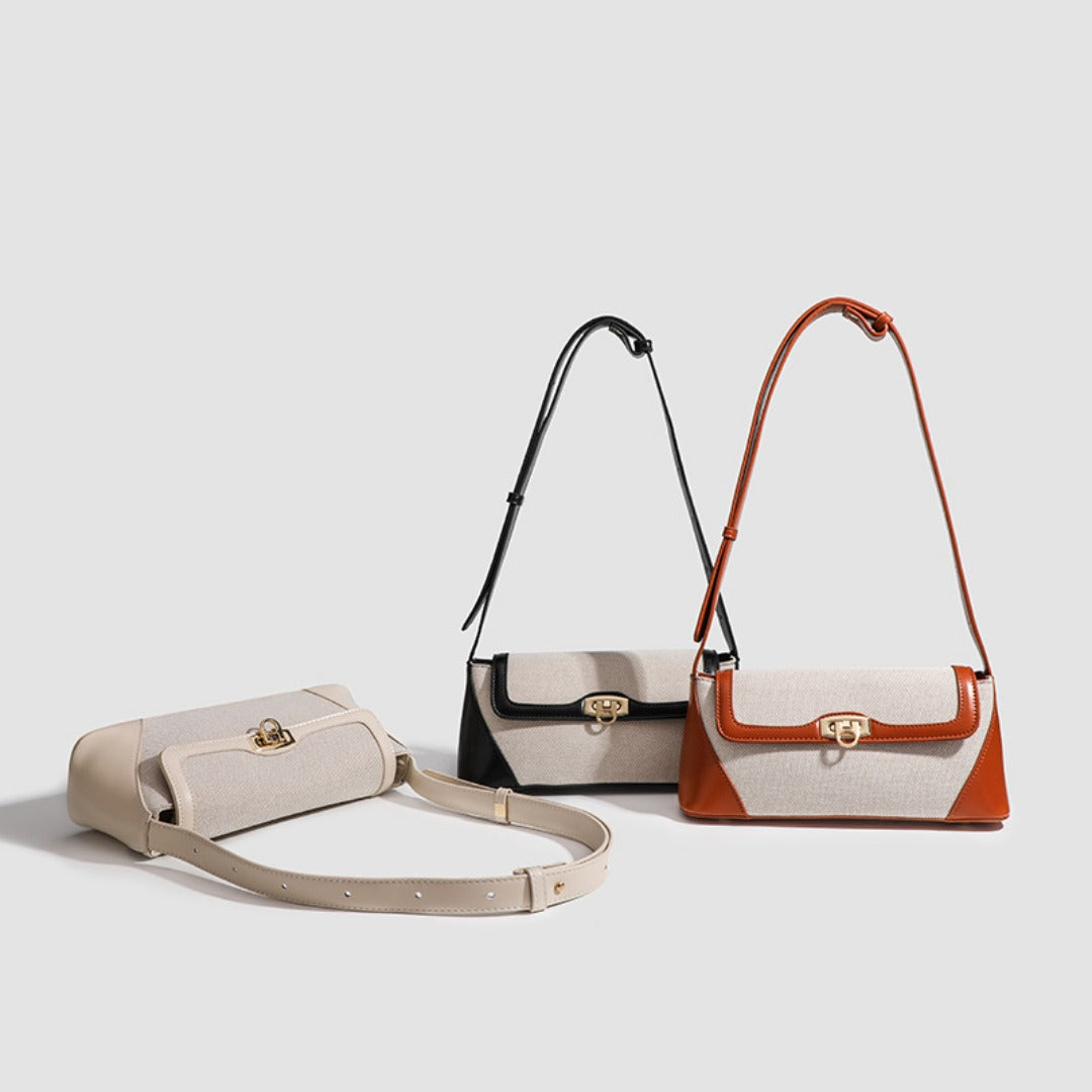 Small shoulder bag, design retro contrasting French underarm bag, versatile canvas portable shoulder bag, Crossbody baguette bag