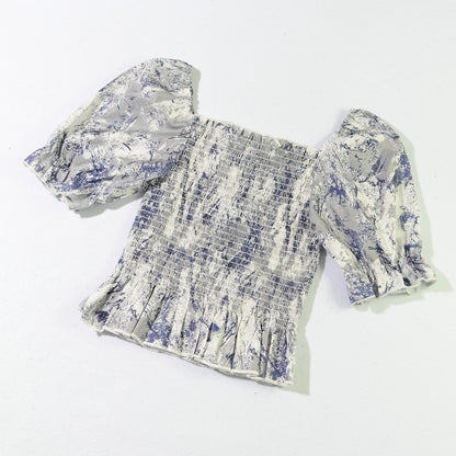 Slim Blouse French Style Tops Leaves Flower Print  Shirt women Elastic Body women's clothing official