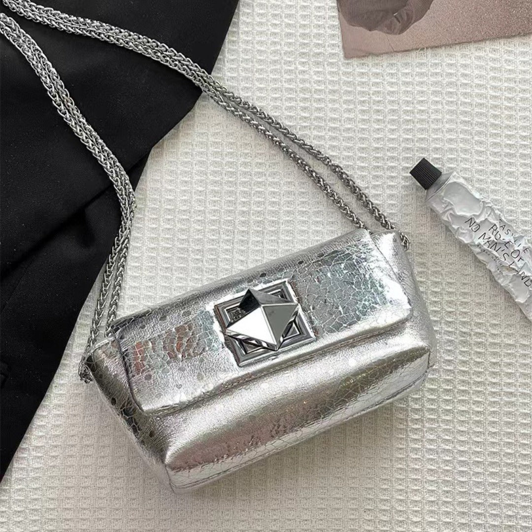 Chain exquisite small square bag, silver mini crossbody bag, crossbody bag single shoulder women