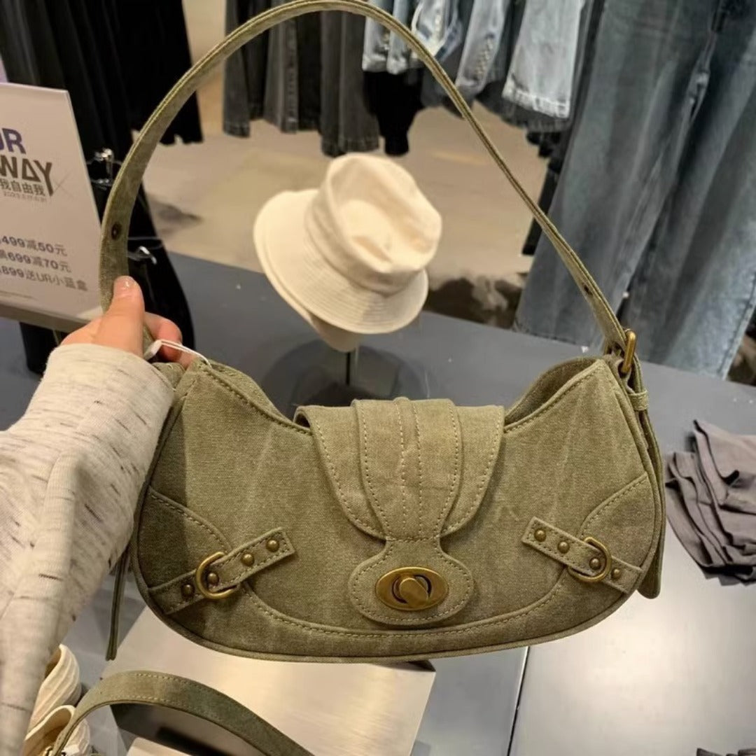 Bolso de hombro vintage verde militar con detalle de empalme – Bolso pequeño y elegante, bolso versátil estilo Spice Girl para primavera y bolso hobo