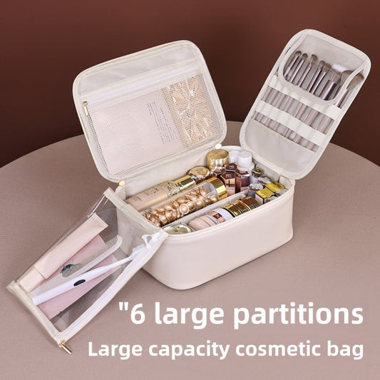 Makeup bag with compartments, makeup bag organizer, 6 large divisions portable large capacity high-end makeup bag, travel makeup brush cosmetic storage bag