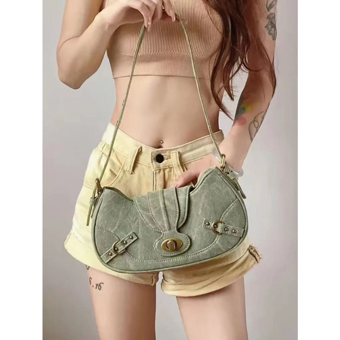 Bolso de hombro vintage verde militar con detalle de empalme – Bolso pequeño y elegante, bolso versátil estilo Spice Girl para primavera y bolso hobo