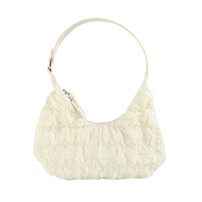 bolso pequeño de hombro, bolso tipo puff color crema, bolso plisado, bolso hobo 