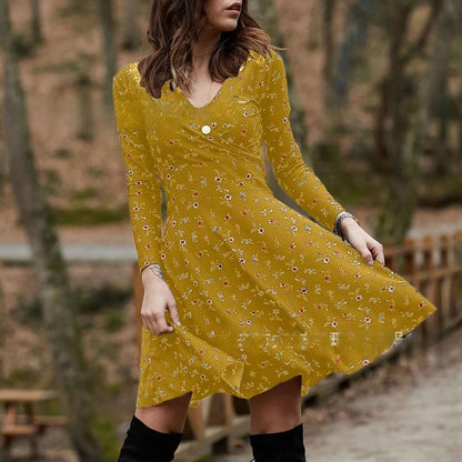 Vestido de manga larga con cuello en V y estampado floral retro 