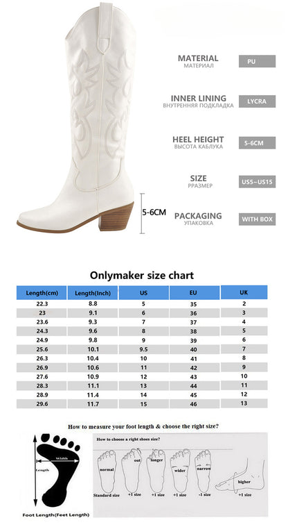 Plus Size 45 Women's Embroidered Western Knee High Boots Cowboy Cowgirl Boots Chunky Heel Platform Boots Women Western Shoes