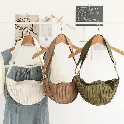 Casual Nylon Cloth Hobo Bag – Simple Pleated Striped Shoulder Bag, Lightweight Shopping Crossbody Small Square Bag