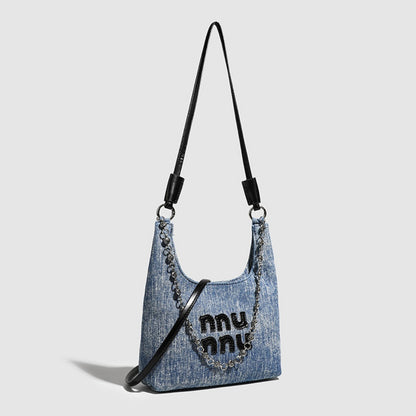 Simple retro small bucket bag, Versatile denim underarm bag, Chain bag Crossbody bag, slouch hobo purse