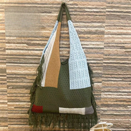 Bolso con borla para mujer, bolso de hombro de punto con diseño de empalme, bolso hobo de punto retro sencillo y versátil 