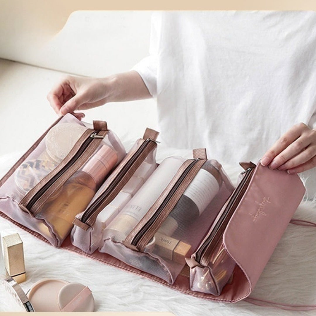 Bolsas de maquillaje portátiles de gran capacidad para viajes, organizadores de bolsas de maquillaje, se pueden dividir en una bolsa de cosméticos cuatro en uno, bolsa de artículos de aseo y organizador de bolsas de aseo. 