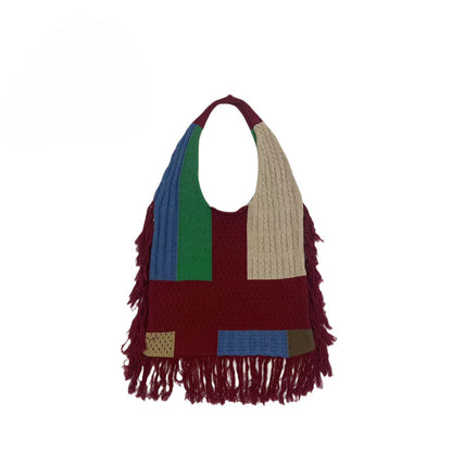 Bolso con borla para mujer, bolso de hombro de punto con diseño de empalme, bolso hobo de punto retro sencillo y versátil 