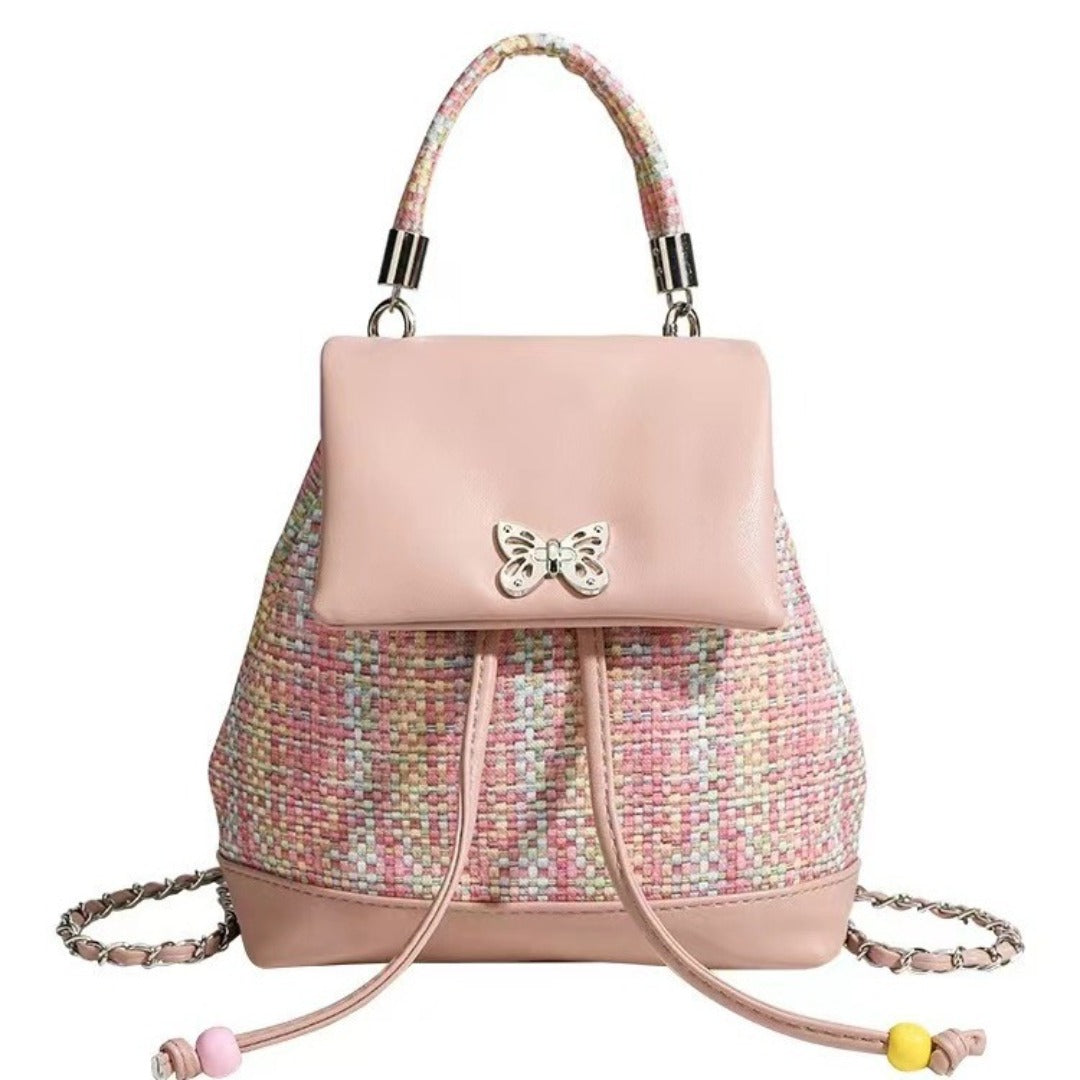 Mochila pequeña de piel trenzada con diseño dulce y juvenil, mochila con cadena, mochila pequeña versátil y moderna para mujer 