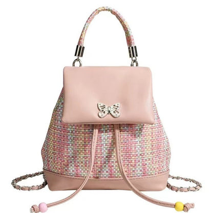 Mochila pequeña de piel trenzada con diseño dulce y juvenil, mochila con cadena, mochila pequeña versátil y moderna para mujer 