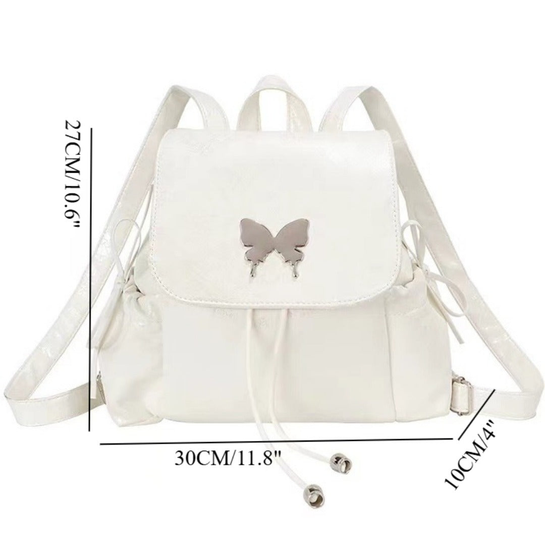 Mochila blanca con mariposas, elegante y práctica. Ideal para estudiantes y como bolso de hombro o mochila de viaje. 