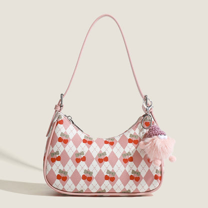 Bolso pequeño y versátil para llevar debajo del brazo, bolso de hombro con bonito estampado de cerezas, bolso de asa superior, bolso hobo en forma de media luna 