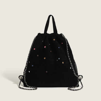 Mochila de mujer de ante mate, con cadena y detalles de piedras preciosas de colores; mochila portátil con cordón ajustable. 