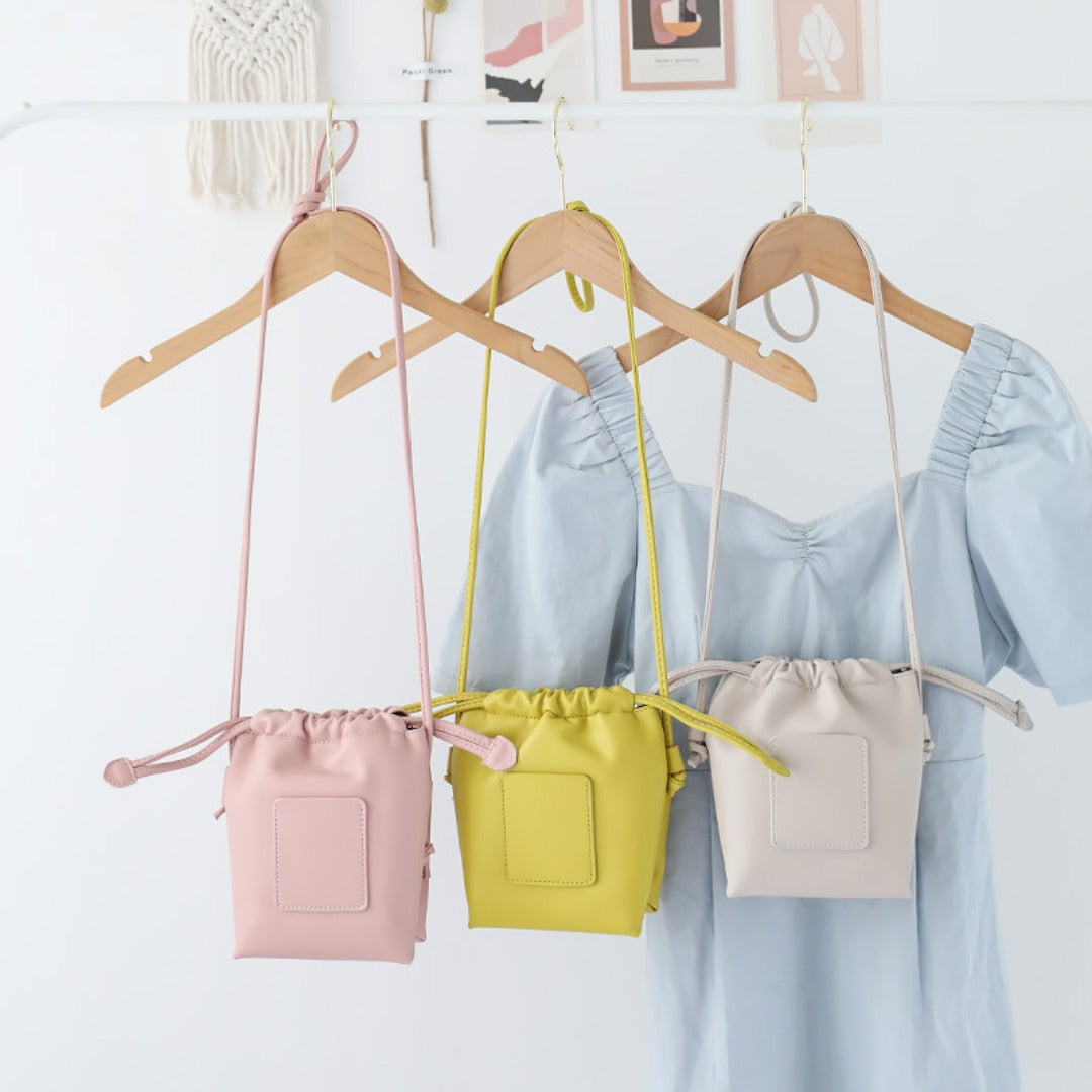 Soft PU Cute Mini Mobile Phone Bag - Fashionable Pleated Shoulder Women's Bag, Simple Drawstring Crossbody Small Square Bag