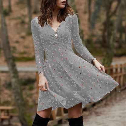 Vestido de manga larga con cuello en V y estampado floral retro 
