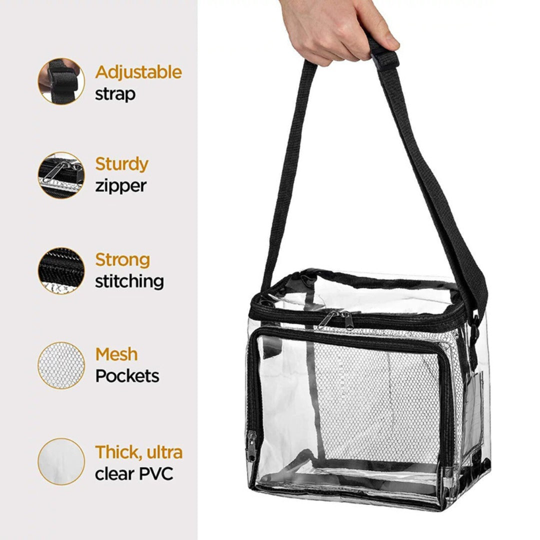 PVC clear lunch bag, adjustable strap front storage compartment mesh pocket, outdoor lunch bag with compartments
