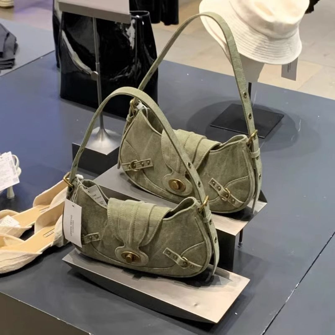 Bolso de hombro vintage verde militar con detalle de empalme – Bolso pequeño y elegante, bolso versátil estilo Spice Girl para primavera y bolso hobo
