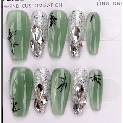 1048- Uñas postizas hechas a mano, de presión, removibles. Uñas con dibujo hecho a mano.