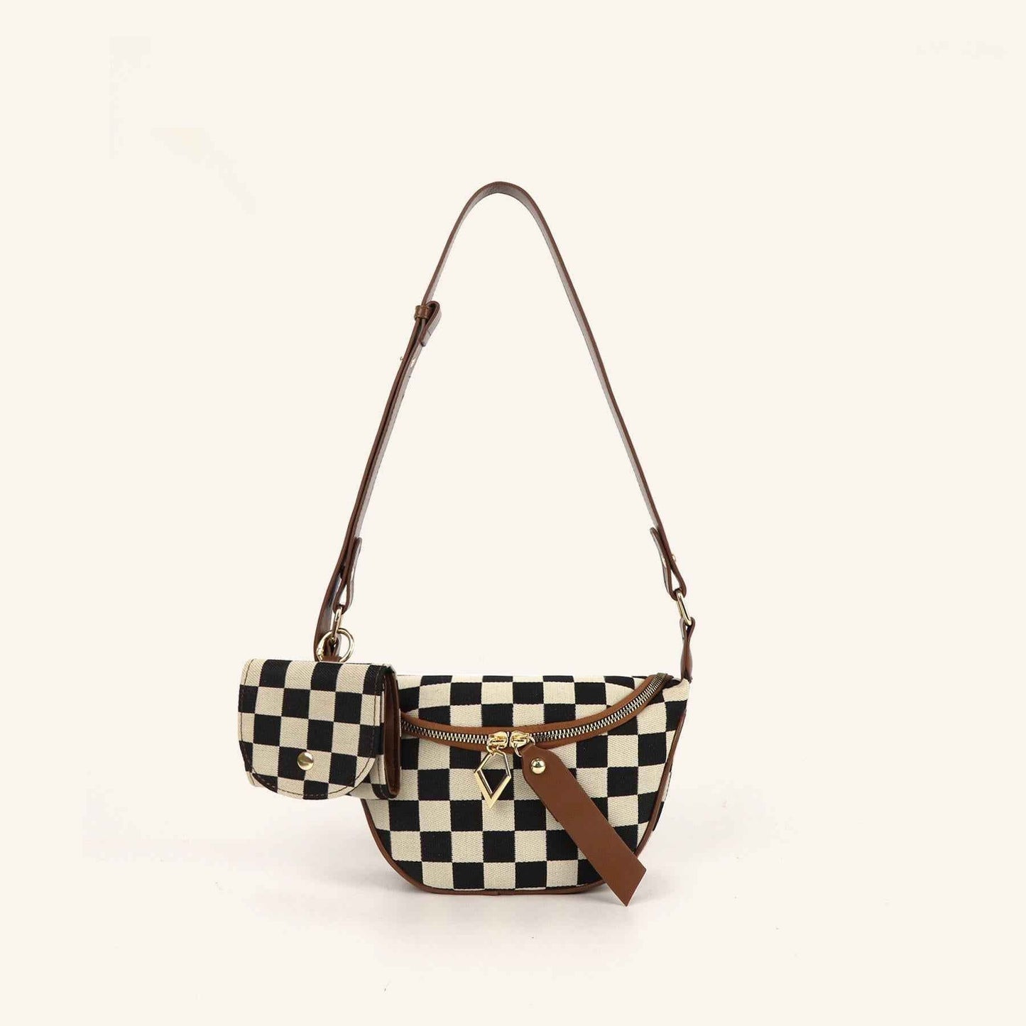 Checkerboard Canvas Crossbody Bag - 2-in-1 Compact Chest Bag & Fanny Pack with Earphone Storage