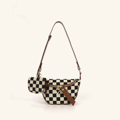 Checkerboard Canvas Crossbody Bag - 2-in-1 Compact Chest Bag & Fanny Pack with Earphone Storage