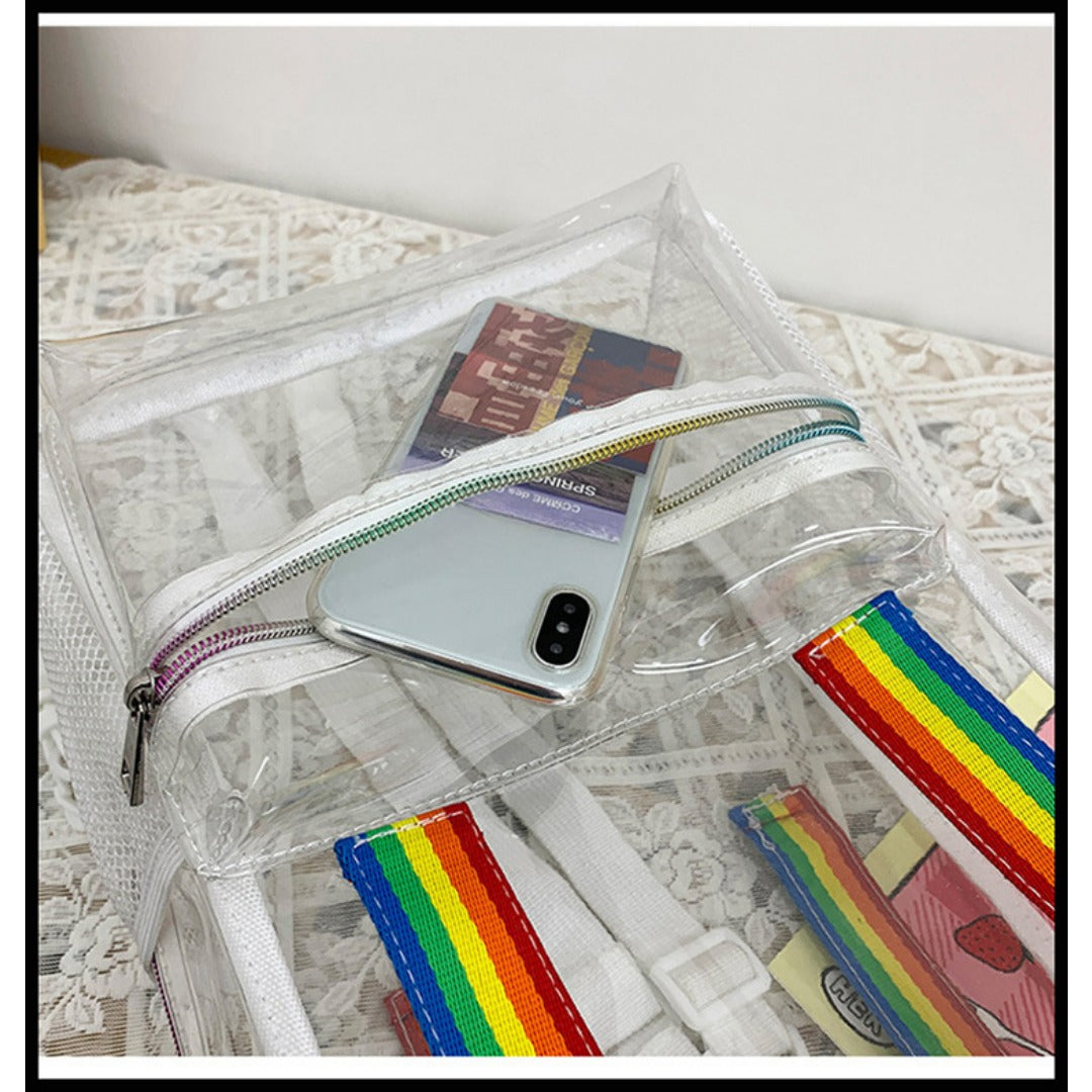 Mochila impermeable de PVC con diseño transparente, duradera y elegante, perfecta para viajes, escuela y uso diario. 