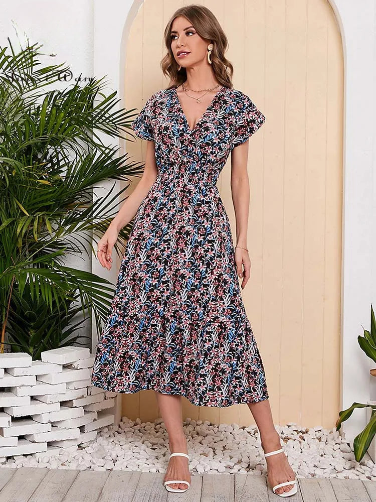 Vestido largo de verano para mujer, de gasa con estampado floral, manga corta, elegante escote en V, cintura elástica, ideal para la playa o las vacaciones.