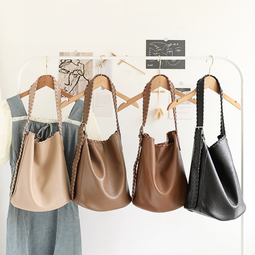 Bolso tipo cubo elegante con correa de hombro tejida para mujer - Textura versátil, suave PU, estilo retro informal 