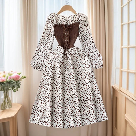 Trendy Dress with Tie Belt – French Contrast Floral Print, Two-Piece Illusion Design, Sweet Long Sleeve Frock