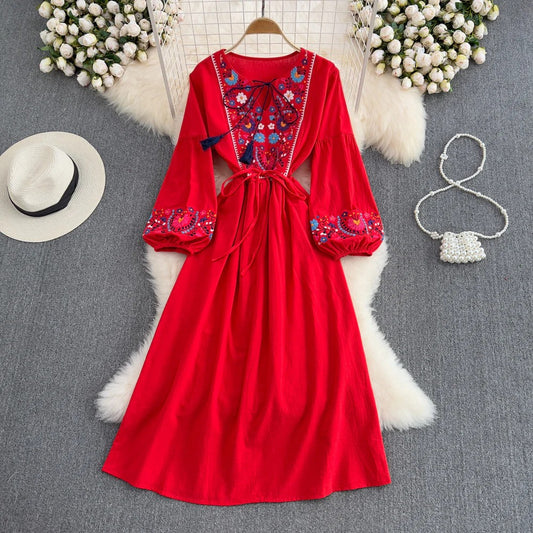 Bohemian Embroidery Fringe Tie-Waist Dress – Relaxed A-Line Maxi, Beach Vacation Flowing Gown