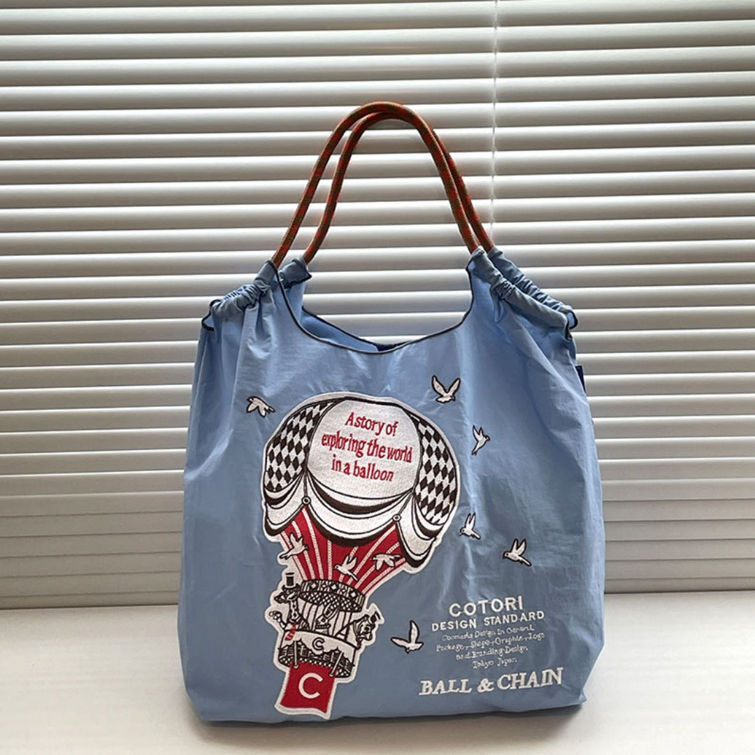 Bolso tote con estampado sencillo de globos aerostáticos, bolso de tela ecológico bordado para mujer, bolso bandolera portátil de nailon 