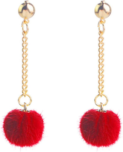 Faux Fur Pom Pom Tassel Drop Dangle Earrings Set
