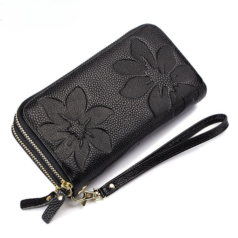 Women's Leather Double Zipper Wallet - Solid Color Large Capacity Long Phone Wallet from First-Layer Cowhide -dropshippingabc.com