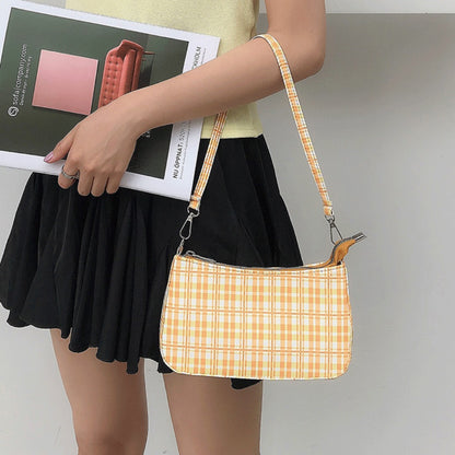 Bolso de verano sencillo a cuadros naranjas, bolso baguette pequeño en forma de media luna, bolso hobo de hombro 