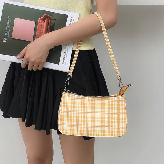 Bolso de verano sencillo a cuadros naranjas, bolso baguette pequeño en forma de media luna, bolso hobo de hombro 