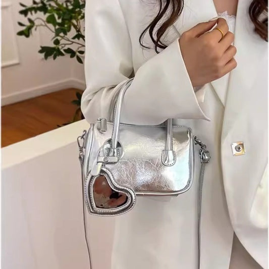 Mini tote handbag silver, women's summer shoulder crossbody bag, versatile love small square bag, mini top handle purse