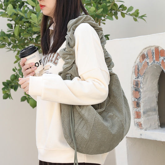 Bolso hobo de lona, ​​bolso de hombro informal plisado, bolso de hombro de pana con cordón ajustable 