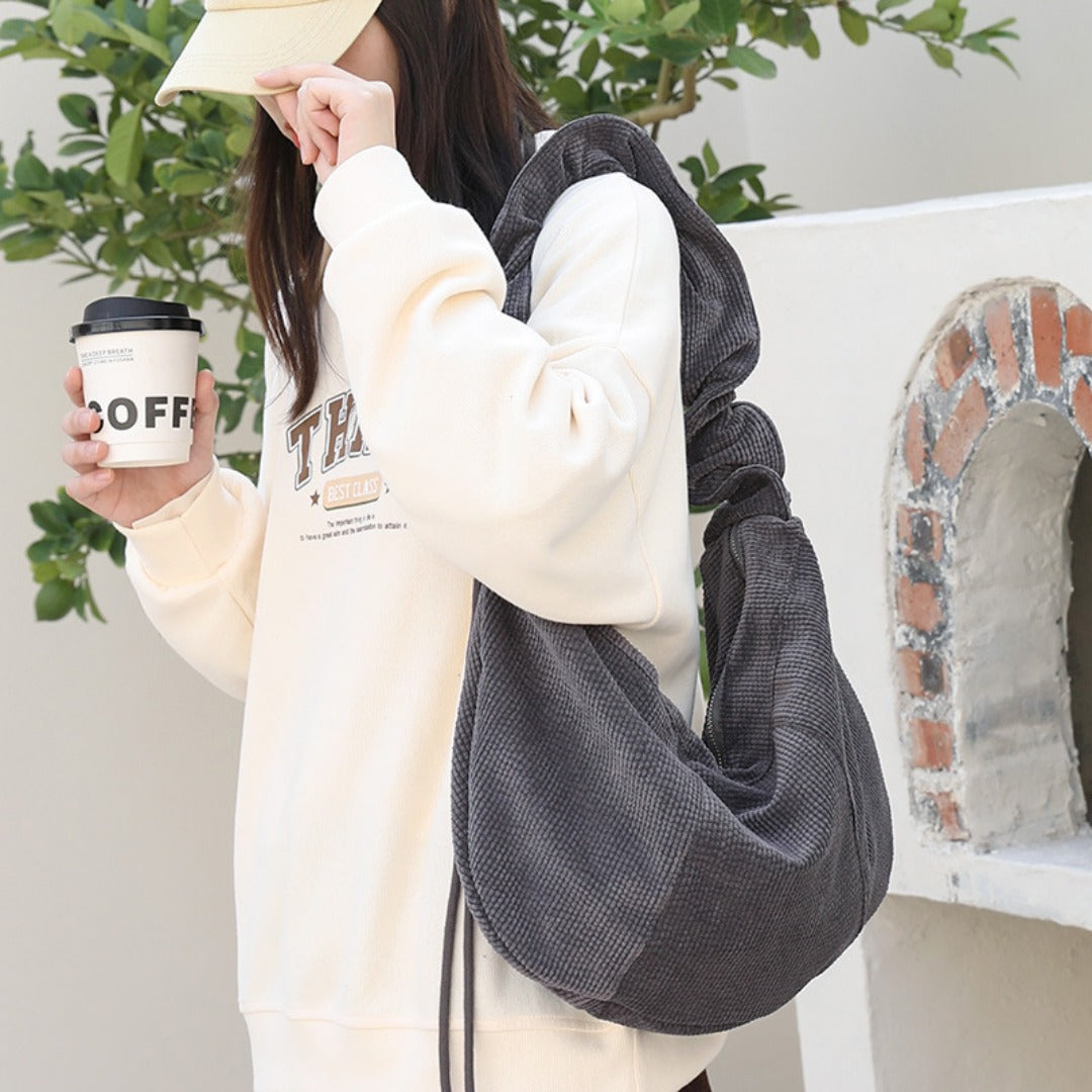 Bolso hobo de lona, ​​bolso de hombro informal plisado, bolso de hombro de pana con cordón ajustable 