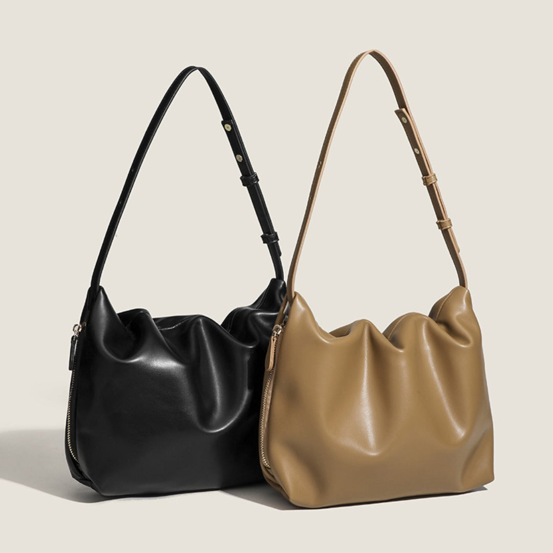 Bolso de hombro sencillo de piel suave con pliegues, diseño para mujer, bolso de hombro con cremallera lateral de color liso, bolso hobo para mujer 