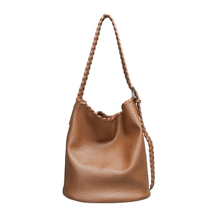 Bolso tipo cubo elegante con correa de hombro tejida para mujer - Textura versátil, suave PU, estilo retro informal 